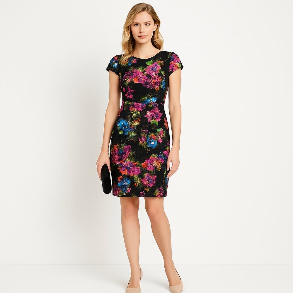 Betsey Johnson Dark Floral Eyelet Lace Puff Cap Sleeve Sheath Dress Size 2